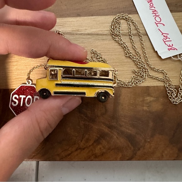 Betsey Johnson BACK TO SCHOOL Gold Tone Yellow Bus Heart Locket Long Necklace - Picture 3 of 5